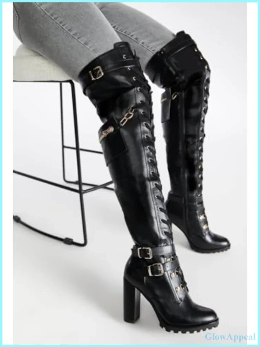Thigh High Boots for Women Chunky Block Heel Lace Up Combat Riding Boots Wide